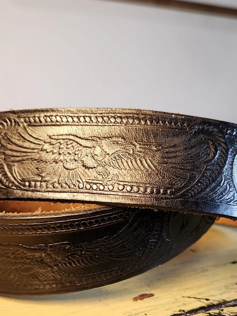 Vintage Harley Davidson Black Tooled Leather Biker Belt Sz 44 HD